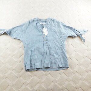Trina Turk Chambray Top Womens Small Short Sleeve Tie Pop Over